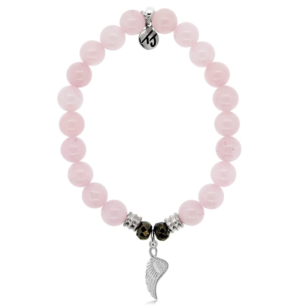 T. Jazelle Rose Quartz 8mm Stone Bracelet with Silver Angel Blessings Charm